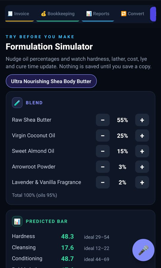 Formulation Simulator screen showing a shea butter blend with oil percentages